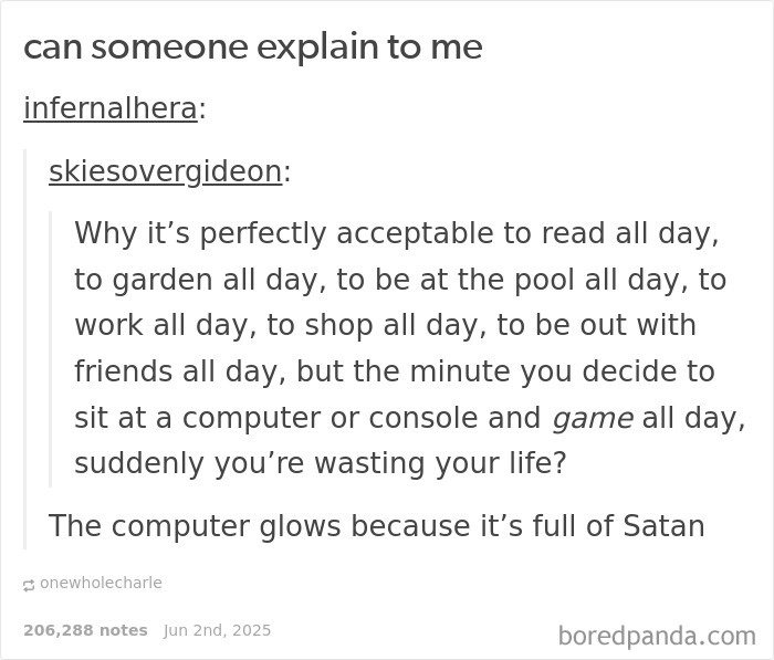 A Gen-Z meme questioning why gaming all day is seen as wasting life while other activities are accepted.