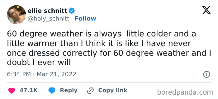 Funny mom post tweet about struggling to dress for 60 degree weather, highlighting relatable parenting humor.