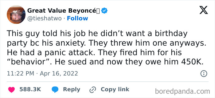 Tweet describing a man with anxiety who had a panic attack at a surprise party and sued his job for wrongful termination.
