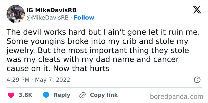 Social media post describing emotional trauma from a theft, reflecting themes of traumatizing the next generation.