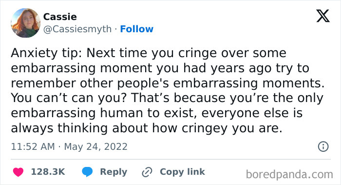 Tweet about anxiety and embarrassment humor shared in a circle of idiots meme to make people feel seen.
