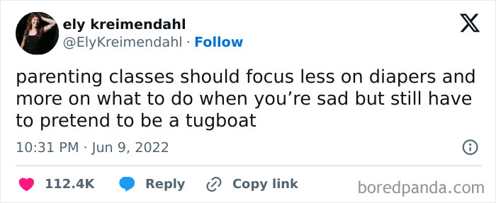 Tweet about parenting humor highlighting emotional struggles, shared in a funny mom posts collection for a sanity break.