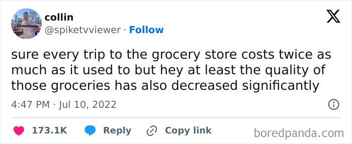 Tweet about rising grocery costs and declining quality, featured in powerful memes shared by a popular Facebook group.