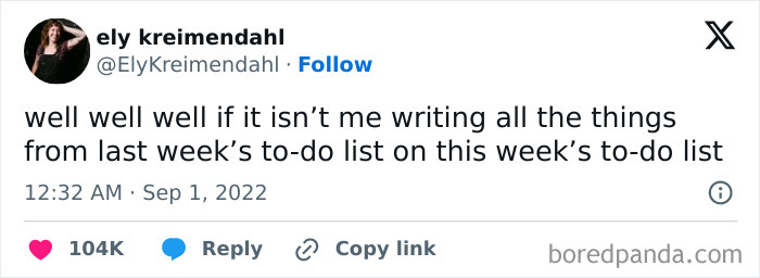 Funny mom post tweet about procrastinating by rewriting last week’s to-do list onto this week’s to-do list.