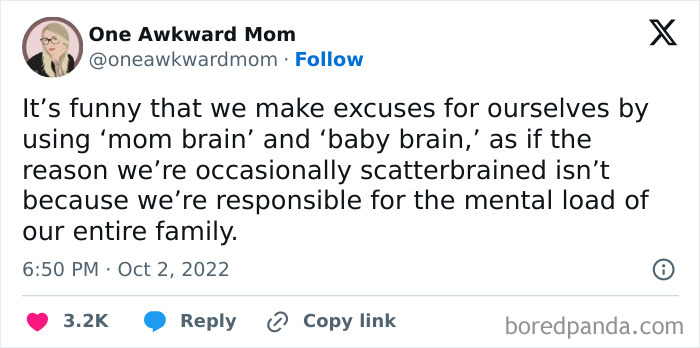 Social media post highlighting funny mom posts about 'mom brain' and the mental load of motherhood for a sanity break.