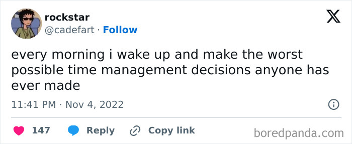Tweet from a funny mom post about making the worst time management decisions every morning, offering a sanity break.