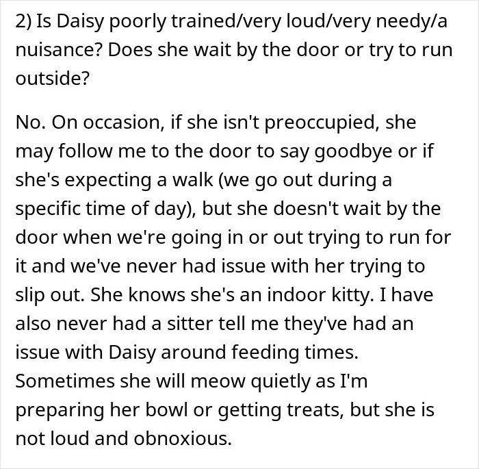 Text discussing a cat's behavior indoors, including feeding times and interactions with a cat-sitter.
