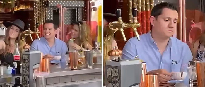 Group of people at a bar with expressions showing surprise and disappointment, capturing unhinged influencer moments.