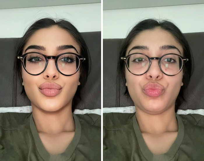 Young woman wearing glasses showing differences in appearance with and without filters in a side-by-side comparison.