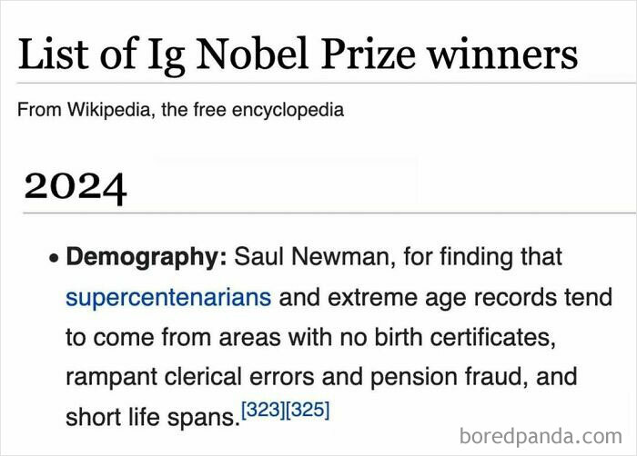 Snippet from Wikipedia article listing Ig Nobel Prize winners with a focus on demography and supercentenarians for 2024.