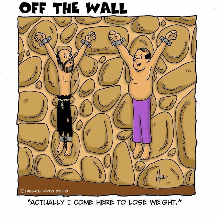 Cartoonist’s dungeon fails comic featuring two men shackled to a stone wall with a humorous weight loss twist