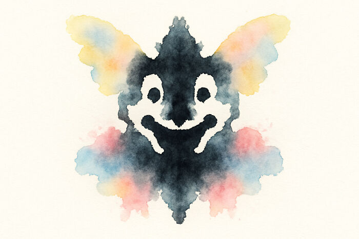 Colorful Rorschach inkblot with symmetrical patterns used in psychological inkblot polls and perception tests.