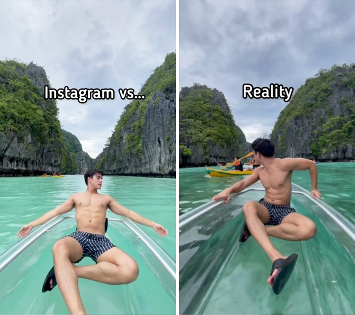 Man on a boat showing Instagram vs reality travel moments with turquoise water and limestone cliffs in the background.