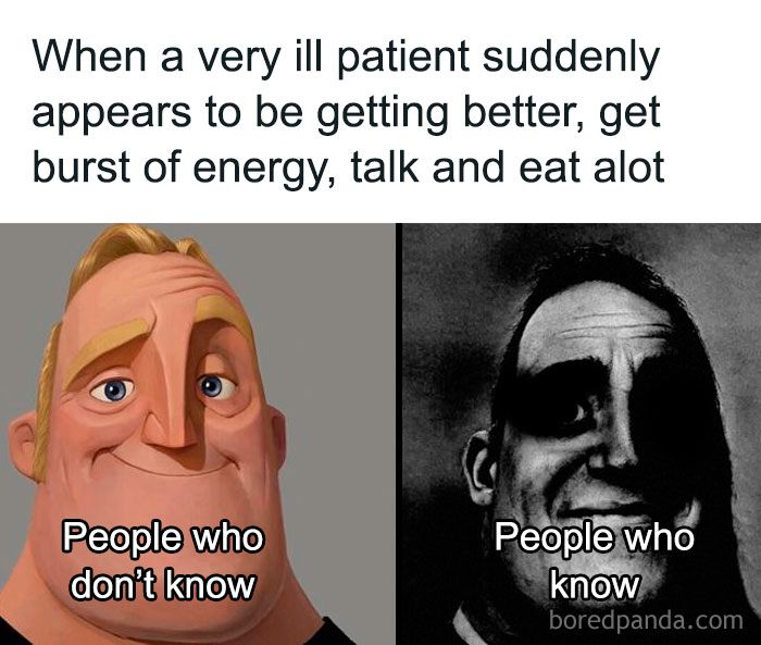 Animated characters showing contrasting reactions to a patient's sudden improvement, illustrating meme explanations and joke understandings.