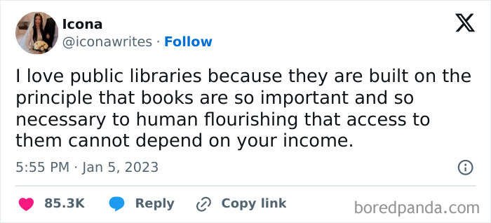 Tweet about the importance of public libraries and access to books, shared in a wholesome memes collection.