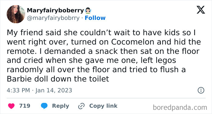 Tweet humor about kids, snacks, legos, and Barbie dolls showcasing funny mom posts as a sanity break.