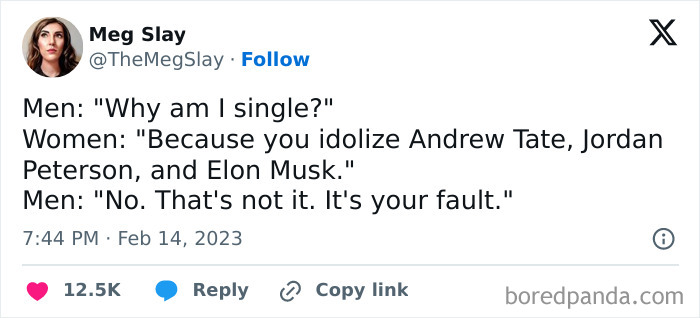 Text post about relationships highlighting a humorous conversation on why some men remain single, showing relationship challenges.