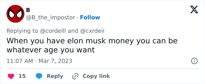 Screenshot of a tweet commenting on Elon Musk&rsquo;s aging, mentioning his wealth and age flexibility.