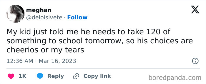 Screenshot of a funny mom post on social media about a kid needing 120 of something for school, showing humor and parenting wit.