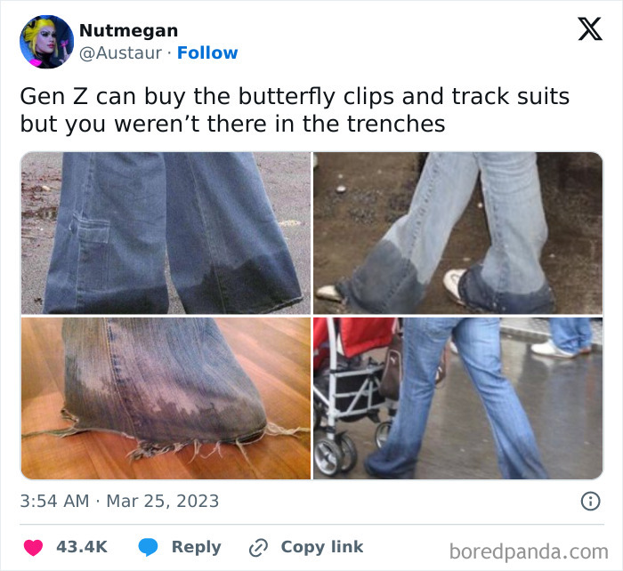 Relatable meme showing worn-out jeans with a caption about Gen Z and butterfly clips, evoking laughter and nostalgia.