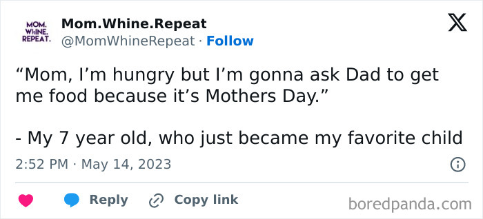 Funny mom post on Twitter about a child using Mother's Day as an excuse to get food, highlighting relatable parenting humor.