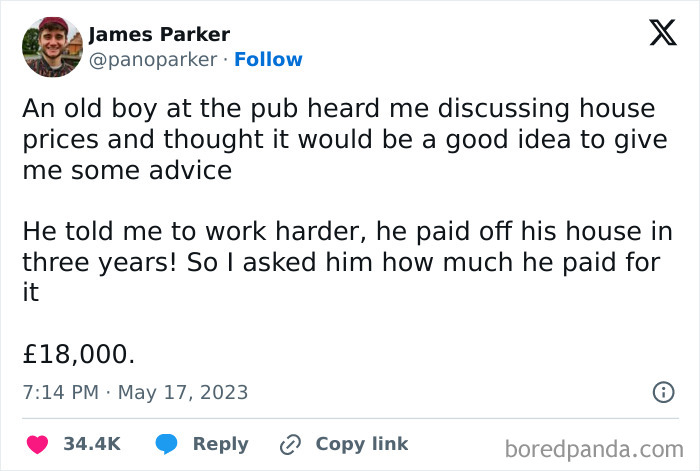 British comedy post about house prices and old advice on paying off a house shared in a social media screenshot.