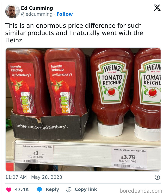 British humor tweet comparing ketchup prices showing Heinz ketchup much pricier than Sainsbury’s with sarcastic caption.
