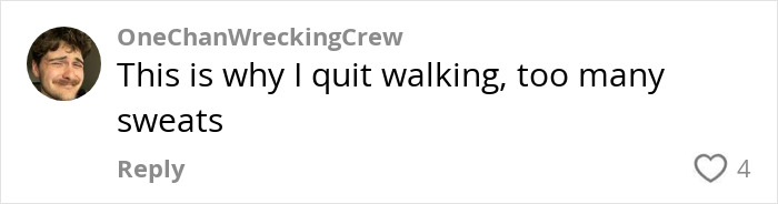 Social media comment on Japanese walking trend mentioning quitting walking due to excessive sweating in casual tone. Social media comment on Japanese walking trend mentioning quitting walking due to excessive sweating in casual tone.