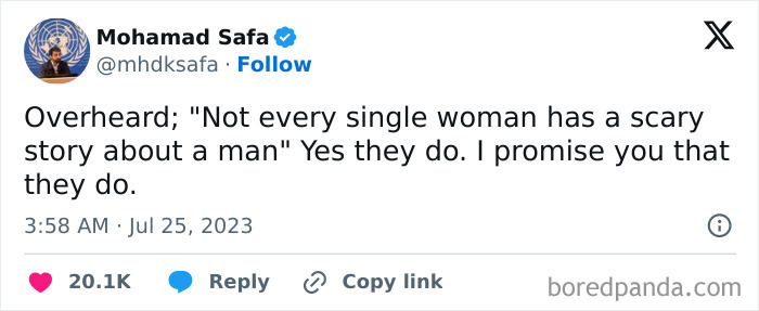 Tweet by Mohamad Safa sharing a powerful message about misogyny and women’s experiences with men, highlighting reality check moments.