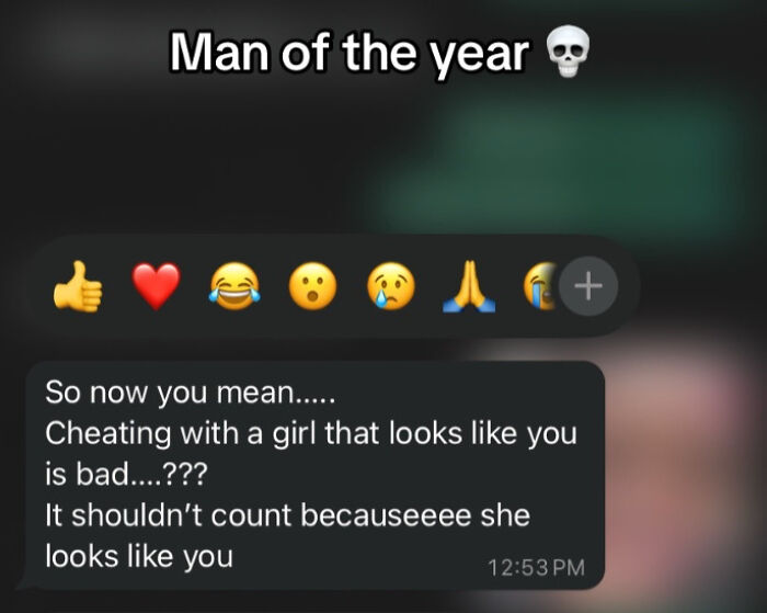 Screenshot of a message nominating a man of the year with a sarcastic comment about cheating, highlighting men of the year.