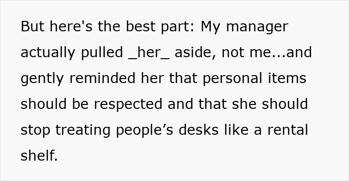 Text about a manager addressing a coworker famous for not returning items, reminding respect for personal belongings. Text about a manager addressing a coworker famous for not returning items, reminding respect for personal belongings.