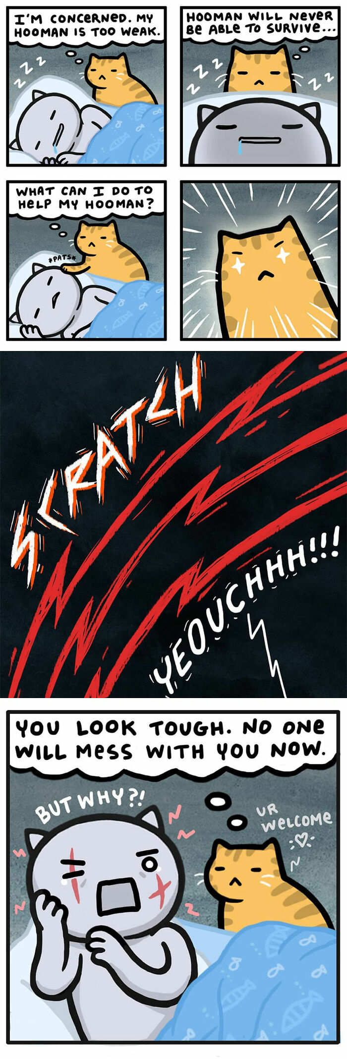 Comic by Kitty Moon showing a cat caring for its owner with funny and relatable life with cats moments.