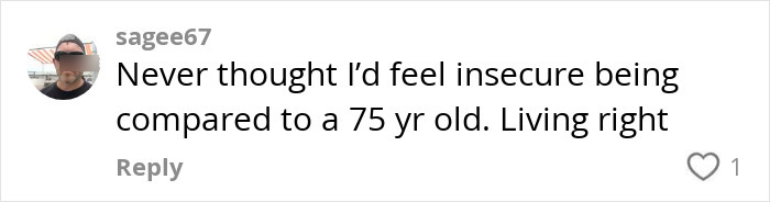 Social media comment expressing insecurity compared to a famous 80s rockstar, 75, in a shirtless performance.