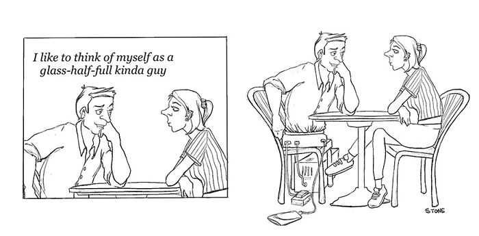 Black and white comic by artist turning everyday thoughts into hilarious comics showing a man and woman talking at a table.