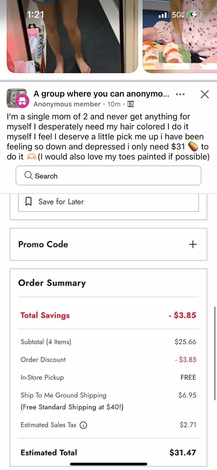 Screenshot of a single mom asking for $31 to color hair, with an online order summary showing costs and discounts.