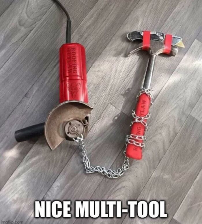 Red angle grinder chained to a hammer on a wooden floor, a funny work meme showing a creative multi-tool concept.