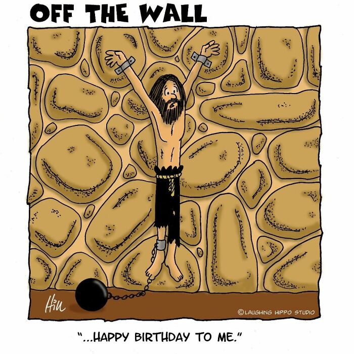 Cartoon of a dungeon fail showing a chained man with a ball and chain against a stone wall, capturing dungeon fails humor.