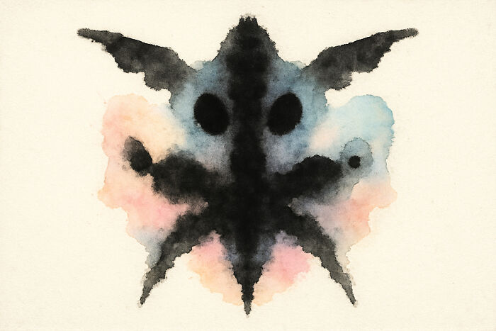 Abstract Rorschach inkblot with black, blue, and pink hues used in psychological tests for perception and interpretation.