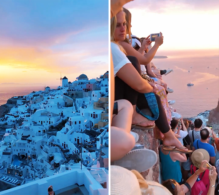 Split image showing a scenic travel destination at sunset versus crowded tourists capturing the moment on their phones.