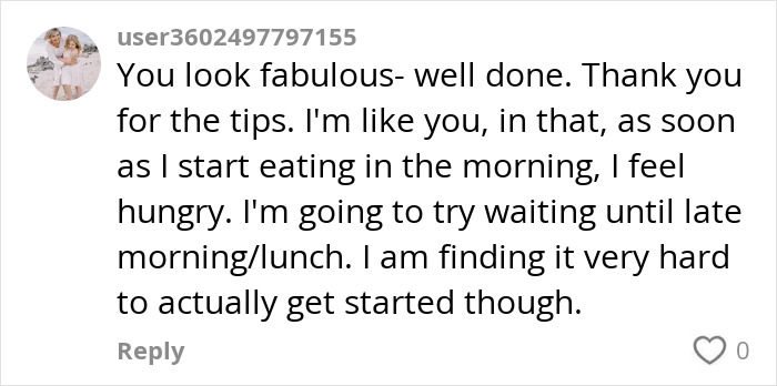 Comment praising a woman for sharing tips and motivation about her humiliating experience that led her to lose 88lbs.
