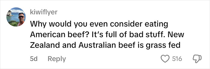 Comment from user kiwiflyer discussing American beef compared to New Zealand and Australian grass-fed beef.