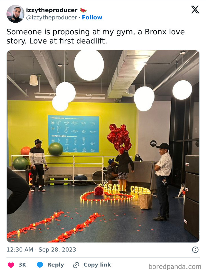 Gym moment showing a romantic proposal with heart balloons and rose petals, highlighting annoying gym moments humor.