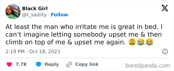 Tweet about a relationship being exhausting, expressing frustration with a partner who upsets but also pleases in bed.