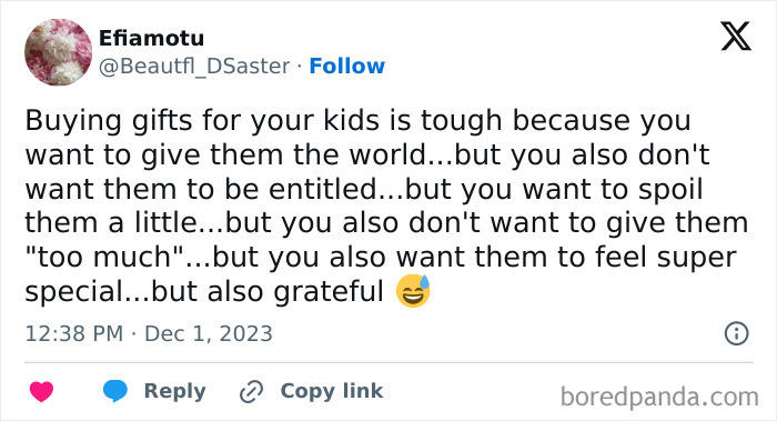 Tweet about the challenges of buying gifts for kids balancing love, entitlement, and gratitude in funny mom posts.