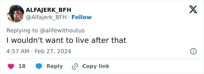 Tweet by user ALFAJERK_BFH expressing a reaction to a woman whose face was torn apart by chimpanzee and reveals appearance after transplant.