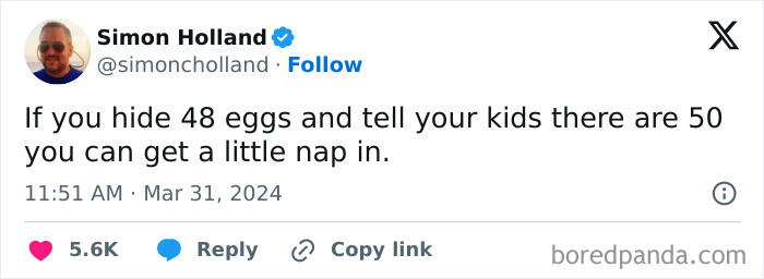 Screenshot of a funny mom post on social media about hiding eggs to get a nap, highlighting humor in motherhood sanity breaks.