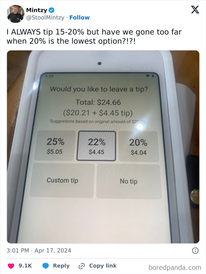Tip screen showing 20% as the lowest option, highlighting the ridiculous tipping culture and rising tipping expectations.