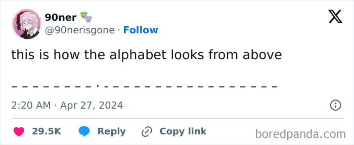 Tweet showing a creative visual of the alphabet from above, shared as part of curious things that make people go hmmm.