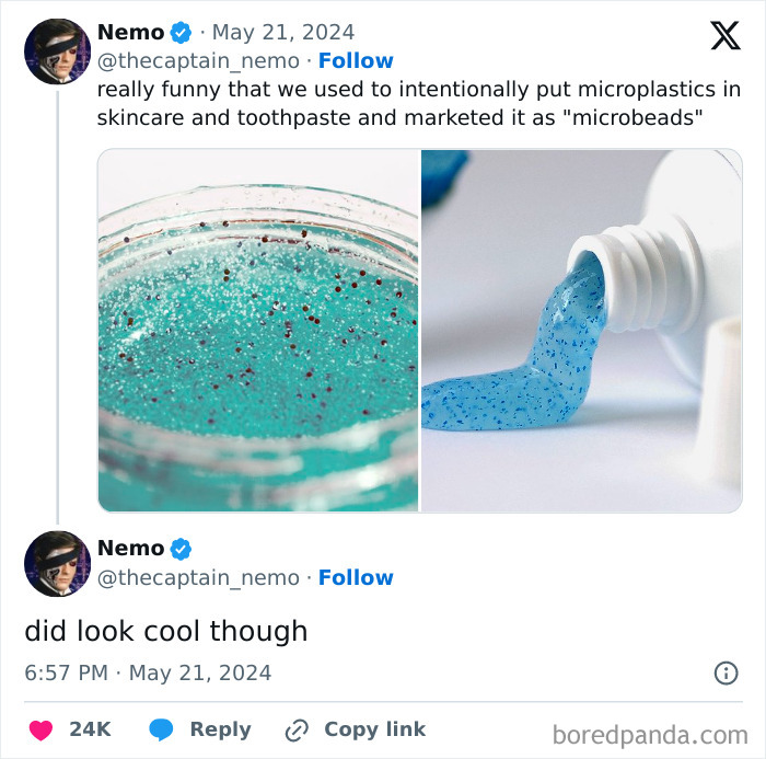 Close-up of blue skincare gel and toothpaste with microbeads, highlighting an unusual environmental fact that made people go hmmm.