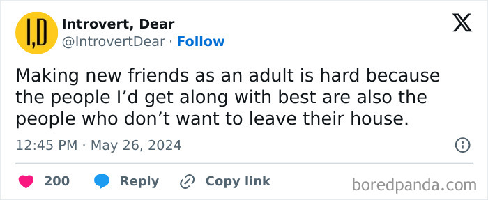 Tweet from Introvert, Dear humorously discussing the difficulty of making new friends as an adult, featured in funny mom posts.